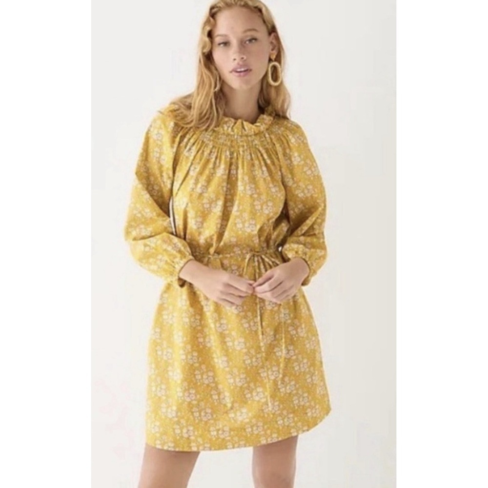 J Crew Ruffle neck Puff Sleeve Dress Liberty Fabric Yellow Womens, Medium *Flaw*